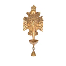 Exotic India Gold-Toned Lord Ganesha Wall Hanging Mask with Diya With Bell-image-14