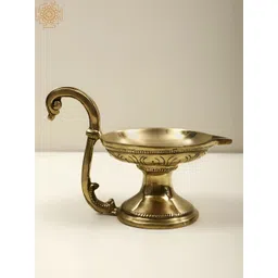 Exotic India Gold Toned Textured Brass Handheld Aarti Diya-image-18