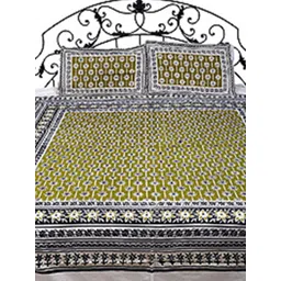 Exotic India Green & White Ethnic Motifs Cotton 300 TC Queen Bedsheet with 2 Pillow Covers-image-36