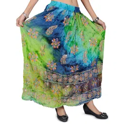 Exotic India Green Flash Long Skirt With Printed Flowers & Embroidered Sequins-image-26
