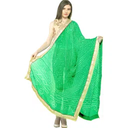 Exotic India Jasmine Green Tie-dye Print and Gota Border Silk Jodhpuri Dupatta-image-4
