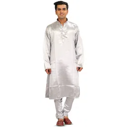 Exotic India Mandarin Collar Satin Straight Kurta With Trouser-picture-23