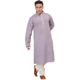 Exotic India Mandarin Collar Thread Work Pure Cotton Kurta With Pyjamas-picture-28
