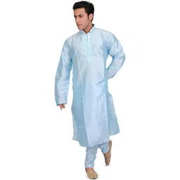 Exotic India Men Aqua-Marine Art Silk Plain Wedding Kurta Pajama with Embroidery on Neck-picture-34