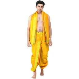 Exotic India Men Art Silk Ready to Wear Dhoti and Angavastram Set with Woven Golden Border-picture-14