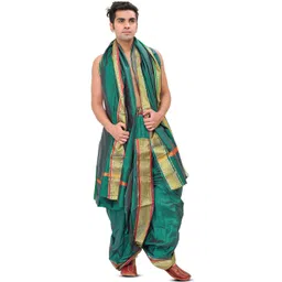Exotic India Men Art Silk Ready to Wear Dhoti and Veshti Set with Woven Golden Border-picture-20
