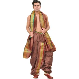 Exotic India Men Art Silk Ready to Wear Dhoti and Veshti Set with Woven Golden Border-picture-25