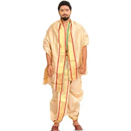 Exotic India Men Art Silk Ready to Wear Dhoti and Veshti Set with Woven Golden Border-picture-26