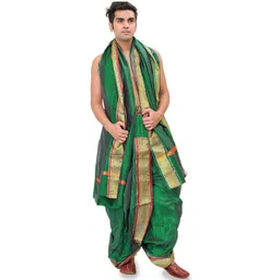 Exotic India Men Art Silk Ready to Wear Dhoti and Veshti Set with Woven Golden Border-picture-18