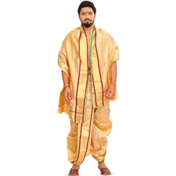 Exotic India Men Art Silk Ready to Wear Dhoti and Veshti Set with Woven Golden Border-picture-22