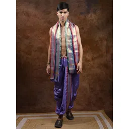 Exotic India Men Art Silk Ready to Wear Dhoti and Veshti Set with Woven Golden Border-picture-23