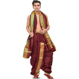 Exotic India Men Art Silk Ready to Wear Dhoti and Veshti Set with Woven Golden Border-picture-27