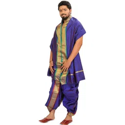 Exotic India Men Art Silk Ready to Wear Dhoti and Veshti Set with Woven Golden Border-picture-19