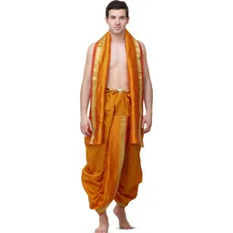 Exotic India Men Art Silk Woven Golden Border Ready to Wear Dhoti and Angavastram Set-picture-15