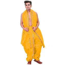 Exotic India Men Art Silk Woven Golden Border Ready to Wear Dhoti and Angavastram Set-picture-17