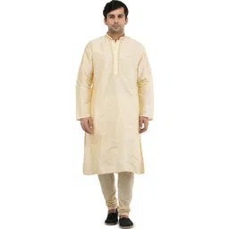 Exotic India Men Banana-Grape Art Silk Plain Wedding Kurta Pajama with Embroidery on Neck-picture-33