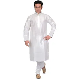 Exotic India Men Bright White Art Silk Plain Wedding Kurta Pajama with Embroidery on Neck-picture-36