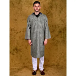 Exotic India Men Geometric Embroidered Thread Work Hooded Woollen Phiran-picture-42