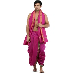 Exotic India Men Ready to Wear Dhoti and Angavastram Set with Woven Golden Border-picture-16
