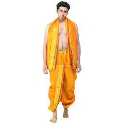 Exotic India Men Ready to Wear Dhoti and Angavastram Set with Woven Golden Leaves Border-picture-27