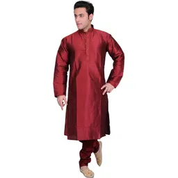 Exotic India Men Rosewood Art Silk Kurta with Pyjamas with Embroidery on Neck-picture-32