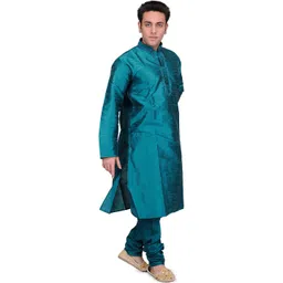 Exotic India Men Teal-Green Art Silk Plain Wedding Kurta Pajama with Embroidery on Neck-picture-35