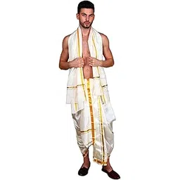 exotic india Men's Art Silk Angavastram with Zari Woven Golden Border for Pooja Festival Gamcha, Towel, Mundu-picture-37