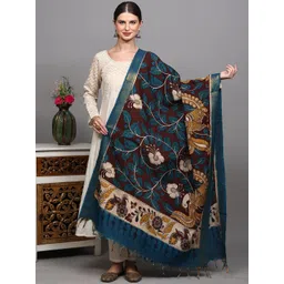 Exotic India Peacock Kalamkari Printed Zari Work Art Silk Dupatta-picture-39