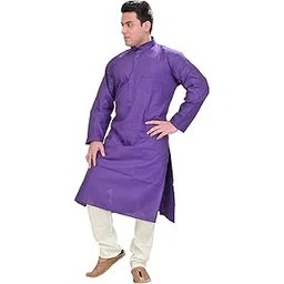 exotic india Plain Khadi Kurta with White Pyjama Set - Color Prism VioletGarment Size 46-picture-37