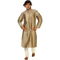 Exotic India Plaza-Taupe Men Paisley Woven Design Kurta & Pyjamas with Embroidery on Neck-picture-15