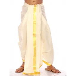 Exotic India Pure Cotton Off-White Kasavu Dhoti from Kerala with Wide Golden Woven Border-picture-13