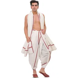 Exotic India Pure Cotton Plain Dhoti and Angavastram Set with Striped Border-picture-31