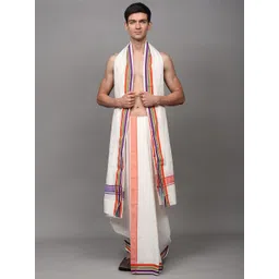 Exotic India Pure Cotton White Dhoti and Angavastram Set with Woven Border-picture-24