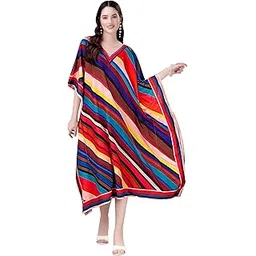 exotic india Rainbow Stripe Printed V-Neck Midi Kaftan Lightweight Resort Wear, Beach Dress for Women's-picture-13