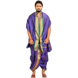 Exotic India Ready to Wear Dhoti and Veshti Set with Woven Golden Border-picture-17