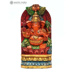 Exotic India Red & Green Textured Blessing Lord Ganesha Wooden Wall Hangings-picture-16
