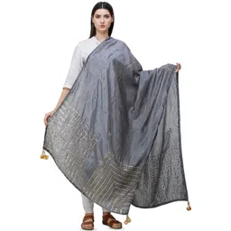 Exotic India Steel Gray Silk Dupatta with Gota Patti, Floral Beads and Tassels-picture-30