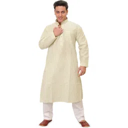 Exotic India Striped Mandarin Collar Pure Cotton Kurta With Pyjamas-picture-30