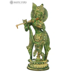 Exotic India Unisex Green 11" Brass Krishna Statue Handmade Religious Idol Showpiece-picture-27