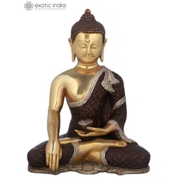 Exotic India Unisex10" Brass Bhumisparsha Buddha Statue in Intrinsic Carved Robe-picture-38
