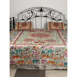 Exotic India White & Orange Ethnic 300 TC Cotton Queen Bedsheet with 2 Pillow Covers-picture-18