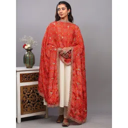 Exotic India Women Ethnic Motifs Embroidered Art Silk Bandhani Dupatta with Zari-image-38