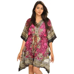 Exotic India Women Ethnic Motifs Printed and Dori on Waist Short Boho Kaftan Dresses-picture-28