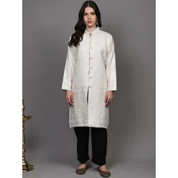 Exotic India Women Floral Woollen Longline Open Front Jacket with Embroidered-picture-37