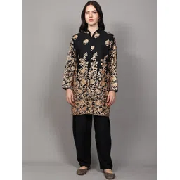 Exotic India Women Floral Woollen Longline Open Front Jacket with Embroidered-picture-19