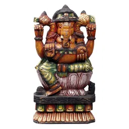 Exotic India Wooden Chaturbhuja Lord Ganapati Seated on Lotus Wall Hanging Statue-picture-16