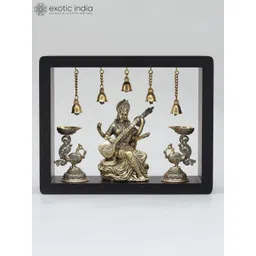 Exotic India Yellow & Black Textured Goddess Saraswati with Peacock Wooden Wall Hangings-picture-19