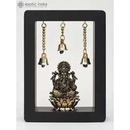 Exotic India Yellow & Black Textured Lord Ganesha Seated On Lotus Wooden Wall Hangings-picture-23