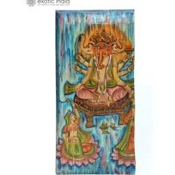 Exotic India Yellow & Blue Textured Lord Ganesha Wooden Wall Hangings-picture-24