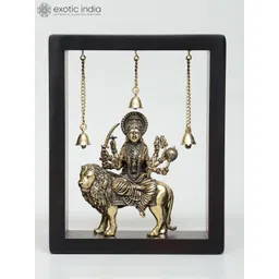 Exotic India Yellow & Brown Textured Goddess Durga With Dangling Bells Wall Hangings-picture-16